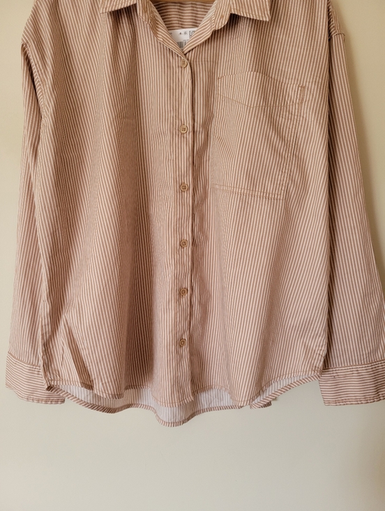 NWT American Eagle Perfect Button-Up Shirt Women's Oversized Tan Stripe Medium - Picture 7 of 10